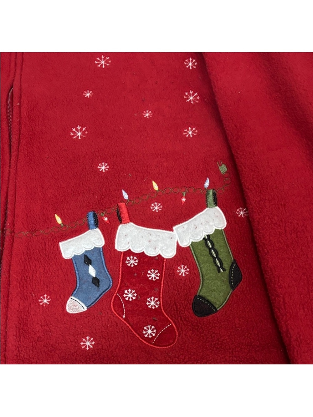 Vintage Red Fleece Christmas Zip-up Jacket with Holiday Stockings - Picture 5 of 6